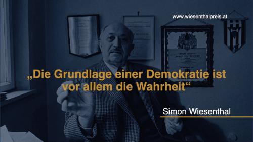 Simon Wiesenthal an seinem Schreibtisch mit Zitat 