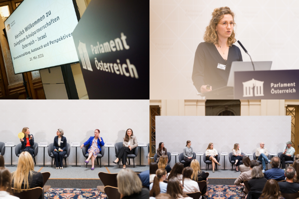 Fotocollage mit Teilnehmer:innen des Dialogforums Schulpartnerschaften Österreich - Israel am im Palais Epstein am 20. Mai 2026.