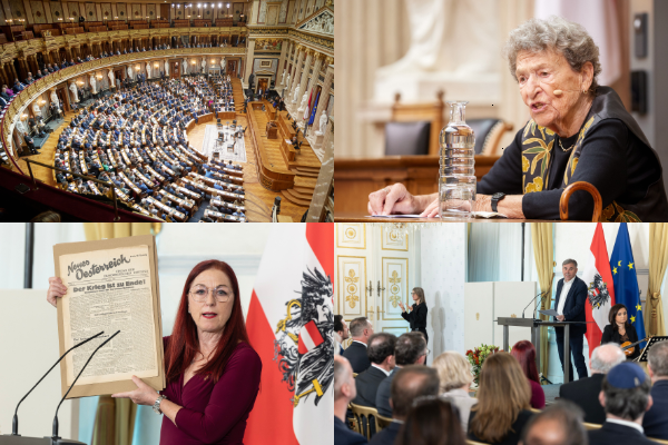 Fotocollage mit Fotos vom Gedenktag gegen Gewalt und Rassismus im Parlament am 5. Mai 2026 mit Zeitzeugin Hedy Schnabl Argent und Fotos von der Gedenkveranstaltung im Bundeskanzleramt am 8. Mai 2026 anlässlich des Jahrestags der Befreiung vom Nationalsozialismus.
